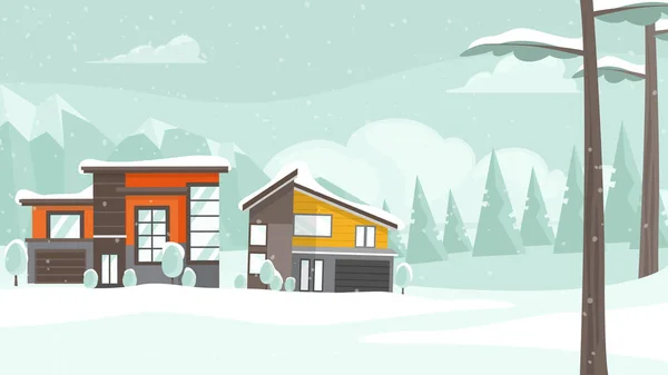 Paisaje invernal con casas y árboles en nieve . — Vector de stock