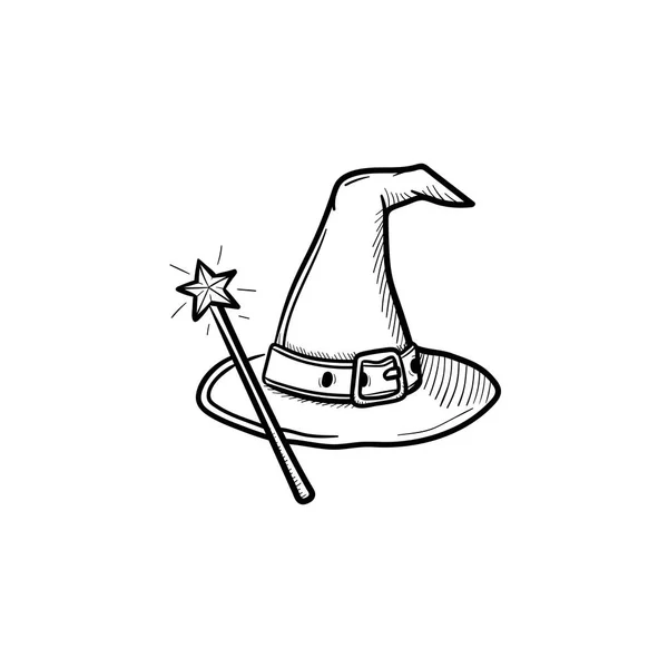 Chapéu de feiticeiro e ícone de desenho à mão varinha mágica . — Vetor de Stock