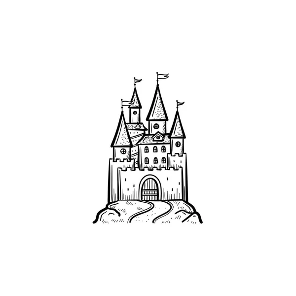 Märchenschloss handgezeichnete Skizze Ikone. — Stockvektor