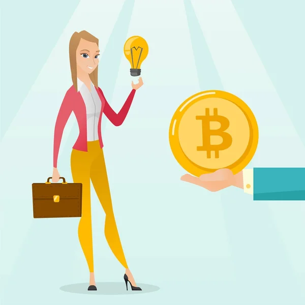 Kaukasische vrouw opstaan bitcoin munt voor de start. — Stockvector