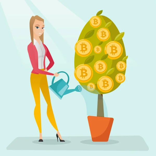 Affärskvinna vattning träd med bitcoin mynt. — Stock vektor