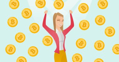 Başarılı yatırımcı bitcoin yağmur altında duran.