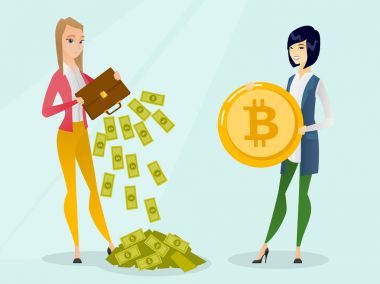 Ödeme yapmak için ihtiyacı olan bitcoins genç kadın.