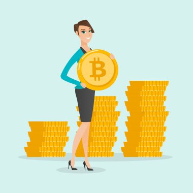 Genç başarılı iş kadını bitcoin para ile.