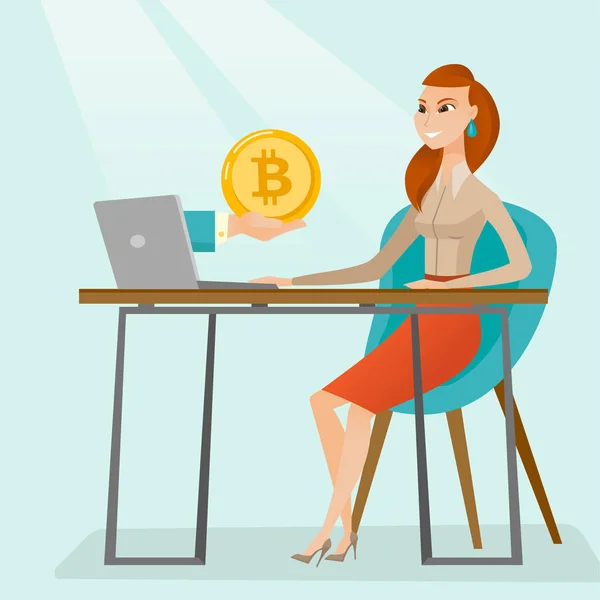 Donna ottenere moneta bitcoin dal trading bitcoin . — Vettoriale Stock