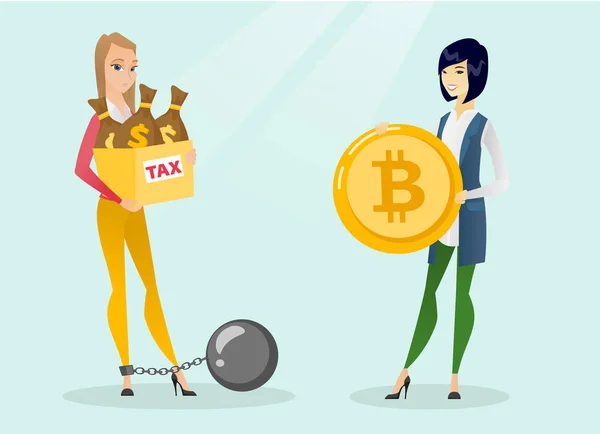 Jonge vrouw kiezen belastingvrije betaling door bitcoins. — Stockvector