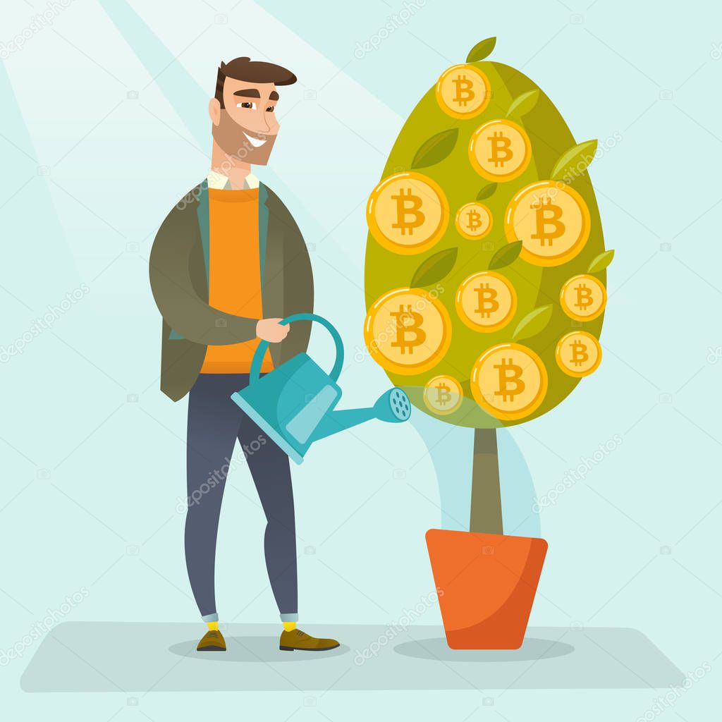 Businessman watering tree with bitcoin coins.