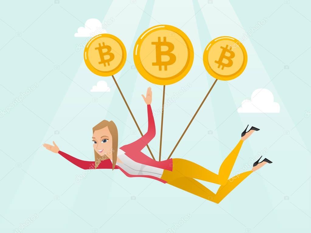 Caucasian business woman flying with bitcoin coins