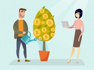 İşadamı bitcoin sembolleri ile ağaç sulama.