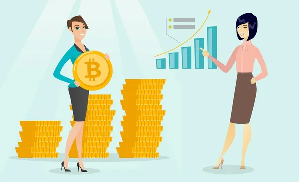 Business woman wijzend op bitcoin groei grafiek. — Stockvector