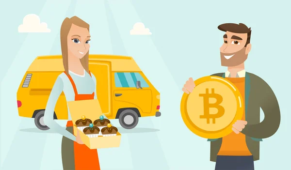 Jeune boulanger caucasien offrant le paiement par Bitcoin . — Image vectorielle