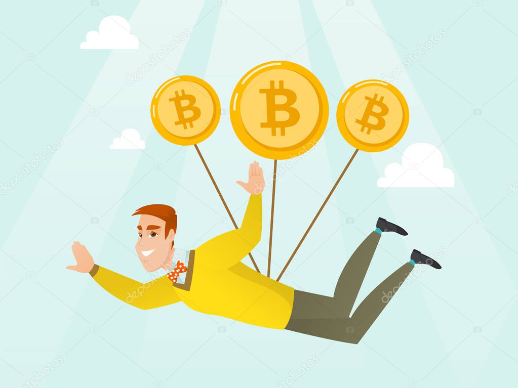 Caucasian businessman flying with bitcoin coins.
