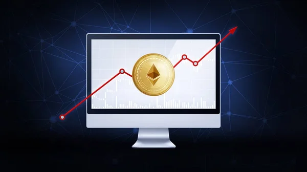 Gold ethereum coin with bull stock chart. — Stock Photo, Image