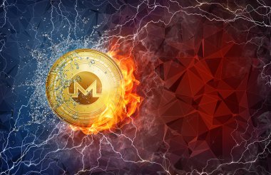 Altın ethereum sikke ateş alev, yıldırım ve su sıçramalarına sabit çatal.