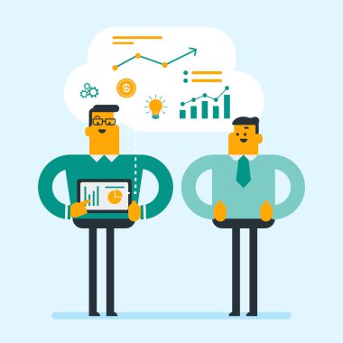 Grafikler dijital tablet üzerinde tartışırken iş erkek.