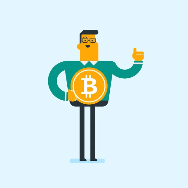 Νεαρός επιτυχημένος επιχειρηματίας με bitcoin κέρμα. — Διανυσματικό Αρχείο