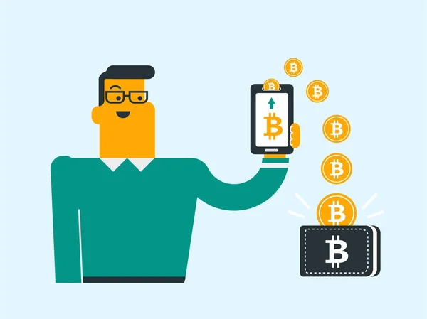 Bitcoin mynt flyttar från telefon till plånbok. — Stock vektor