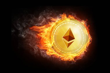 Alev ateş etmek içinde uçan altın ethereum sikke.
