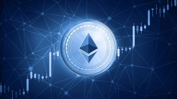 Ethereum монету на фоні hud з bull Біржова діаграма. — стокове фото