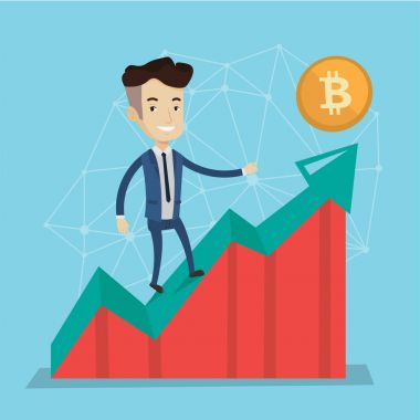 Büyüme bitcoin grafik üzerinde duran işadamı.