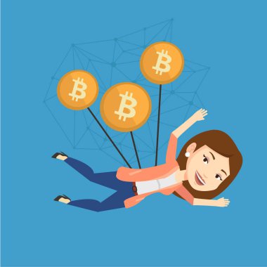 Beyaz iş kadını bitcoin paralar ile uçan