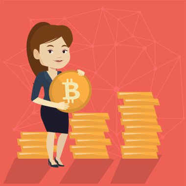 Genç başarılı iş kadını bitcoin para ile.