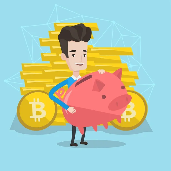 Άνθρωπος που κρατά έναν κουμπαρά με το σύμβολο του bitcoin. — Διανυσματικό Αρχείο