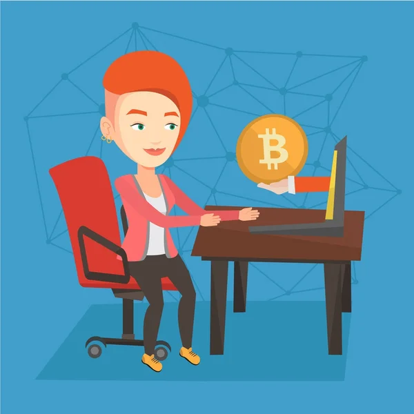 Bitcoin 거래에서 bitcoin 동전을 지 고 하는 여자. — 스톡 벡터