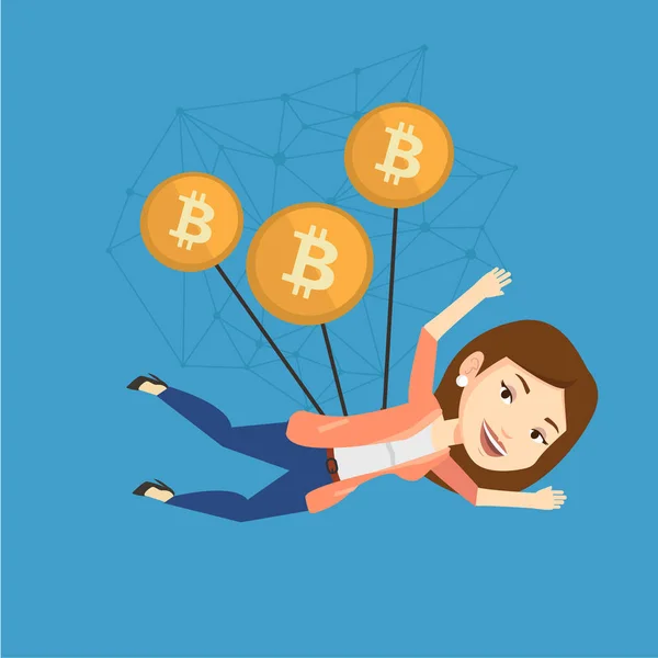 Femme d'affaires caucasienne volant avec des pièces Bitcoin — Image vectorielle