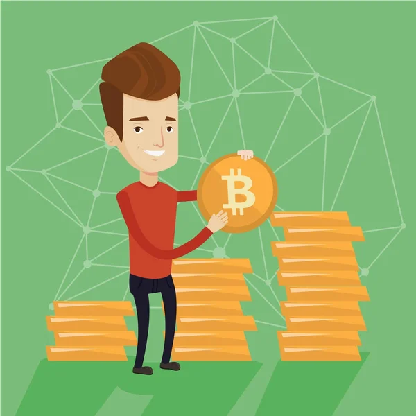 Νεαρός επιτυχημένος επιχειρηματίας με bitcoin κέρμα. — Διανυσματικό Αρχείο