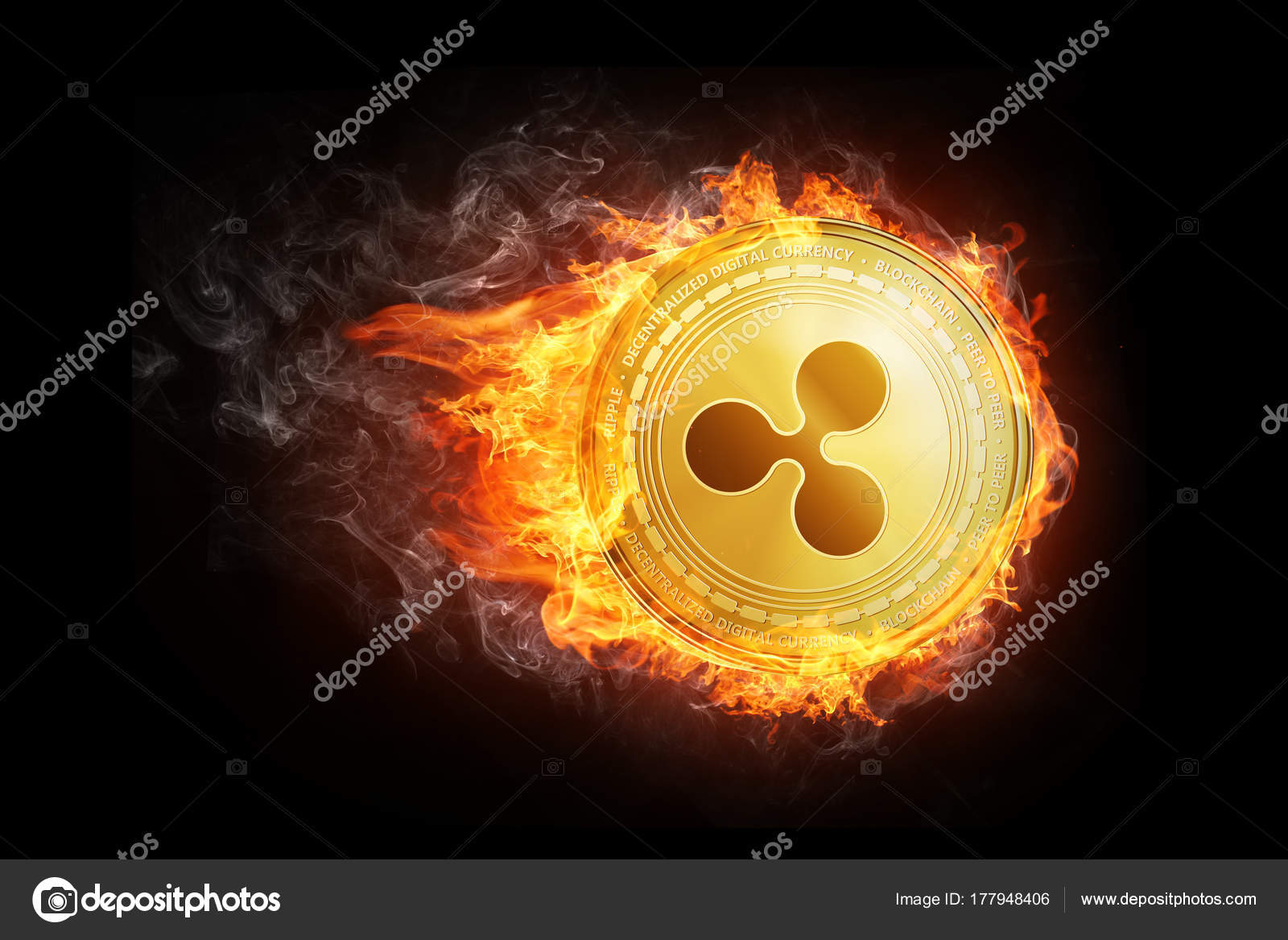 Golden Ripple coin flying in fire flame. — Stock Photo © VisualGeneration  #177948406