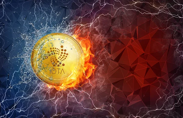 Золотая вилка IOTA в огне, молнии и брызги воды . — стоковое фото