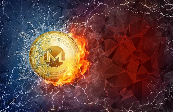 Gold Monero coin hard fork in fire flame, lightning and water splashes. — Stock Fotó