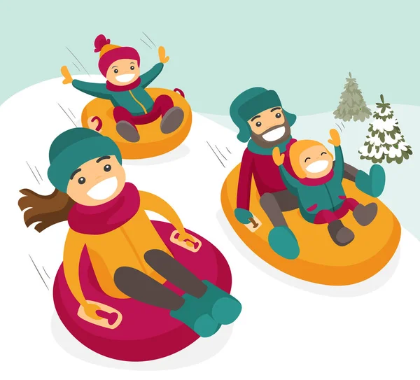 Caucasian family sliding down the hill on tubes. — Stock Vector