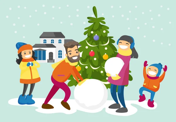 Kaukasische Familie bastelt einen Schneemann im Hof. — Stockvektor