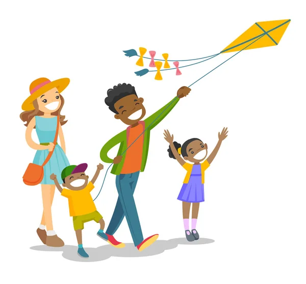 Young multiethnic family playing with a kite. — Stock Vector