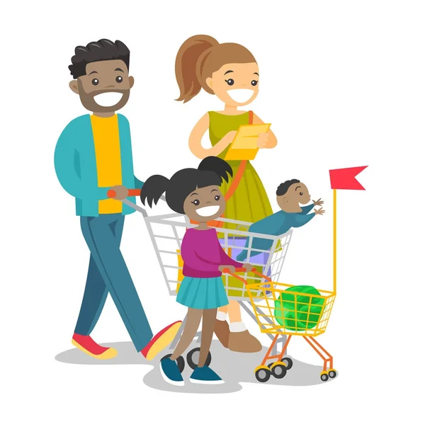 쇼핑 하는 아이 들과 젊은 다문화 가족. — 스톡 벡터