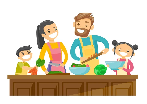 Caucásico blanco padres con niños cocinar juntos — Vector de stock
