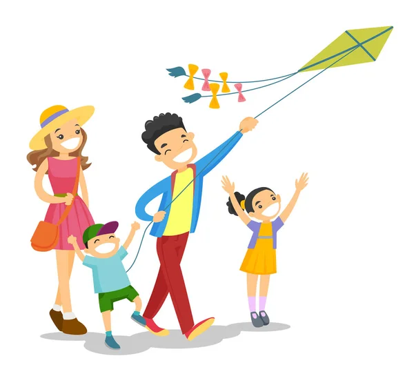 凧で遊ぶ若い白人ホワイト家族. — ストックベクタ