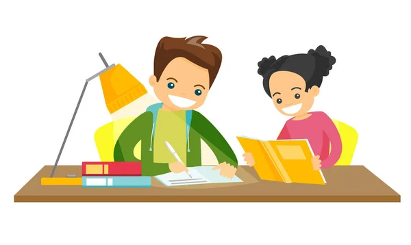 Caucasian white brother and sister doing homework. — Stock Vector