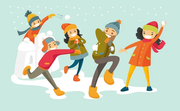 Caucasian white family playing snowball fight. — Stock Illustration Caucasian white family playing snowball fight. Royalty Free Stock Vectors