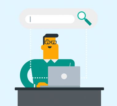 Beyaz adam bir dizüstü bilgisayarda bilgi arama.