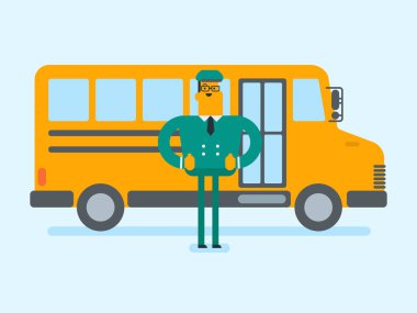 Genç beyaz beyaz okul otobüsü sürücüsü.