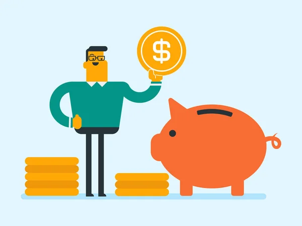 Caucasian manager putting a coin in a piggy bank. — Stock Vector