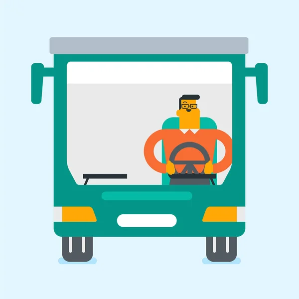 Caucasian bus driver sitting at steering wheel. — Stock Vector