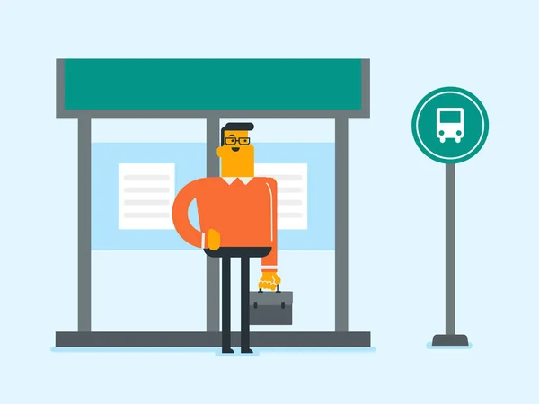 Caucasian man waiting for a bus at the bus stop. — Stock Vector