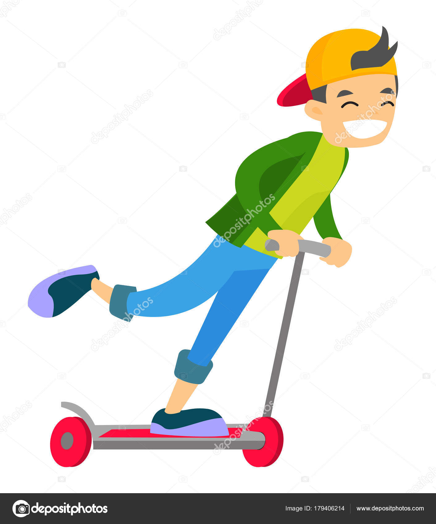 Young caucasian boy a kick scooter. Stock Illustration by ©VisualGeneration #179406214