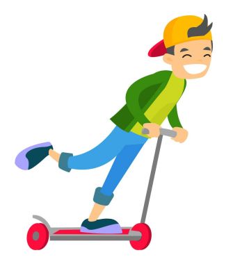 Genç beyaz beyaz çocuk bir tekme scooter sürme.