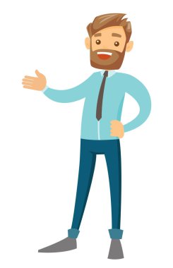 Genç beyaz beyaz işadamı el hareketi.