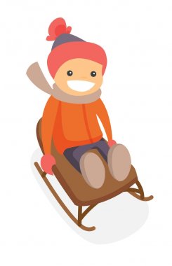 Mutlu beyaz beyaz çocuk kızağı binmek zevk.